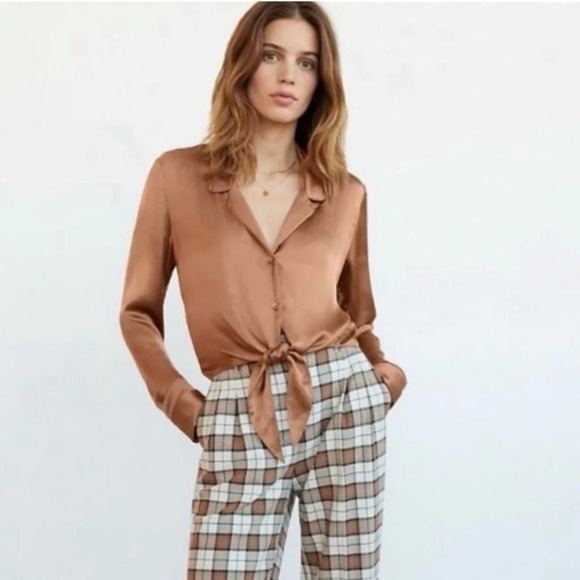 Aritzia Wilfred Brown Satin Button Tie Blouse - Picture 2 of 8